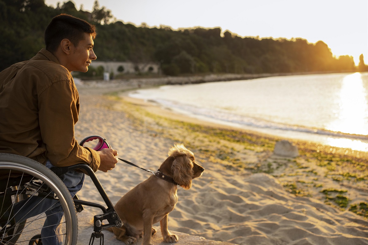 hombre en silla de ruedas con perro mirando frente al mar