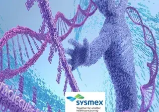 Banner sobre el cáncer, representando con cadenas de ADN y moléculas, simulando una figura humana (Fuente: Sysmex España)