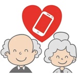 Un abuelo y una abuela, con un corazón rojo entre los 2, dentro de este hay una tablet blanca. Fondo blanco.