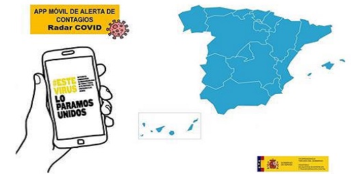 Mapa de España y un móvil con la app Radar Covid