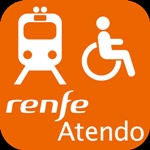 Logotipo del tren, y símbolo de discapacidad física, arriba. Debajo escrito “renfe”, y una línea más abajo “Atendo”, Todo en  blanco. Fondo Naranja.