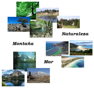 Diferentes lugares naturales de España con los titulares de Naturaleza, Montaña y Mar