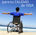 Banner de los productos de apoyo de Ilunion Salud con una persona en silla de ruedas