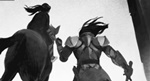 Guía de videojuegos accesibles - Dicapacidad Visual: un guerrero tirando de un burro. Vistos desde atras.