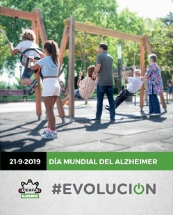 niños, adultos y mayores columpiando a otras personas en día mundial del alzheimer 2019 cartel
