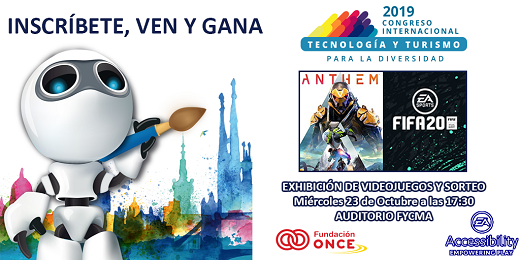 cartel del sorteo del congreso inscríbete, ven y gana, conoce las oportunidades de los videojuegos, logos fundación once