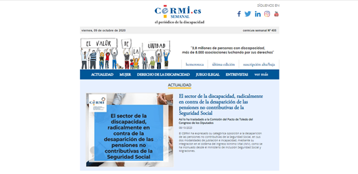 Portada del CERMI Semanal en el que se recoge la noticia de las terapias de rehabilitacion