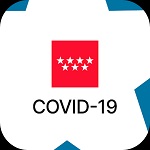 Bandera de Madrid, y debajo "COVID 19" en negro.