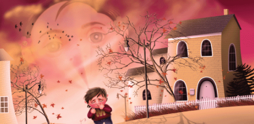 El protagonista del cuento con corazón Mario delante de una casa y la silueta de su hermana