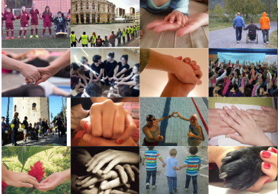 collage con fotos participantes en la campaña con manos agarradas, muchos, pocos, amigos, animales, deportistas