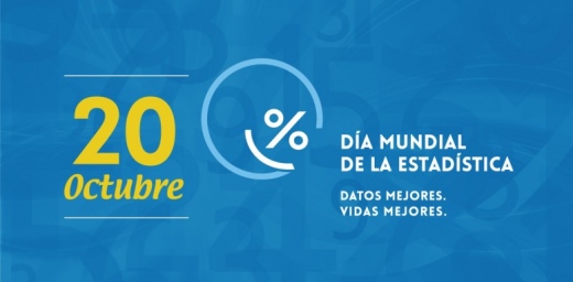 cartel azul con 20 de octubre Día Mundial de la Estadística del año 2015 y una cara sonriendo con un tanto por ciento formando los ojos