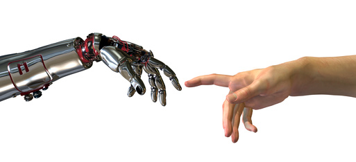 mano robotica y mano de persona, exoesqueletos