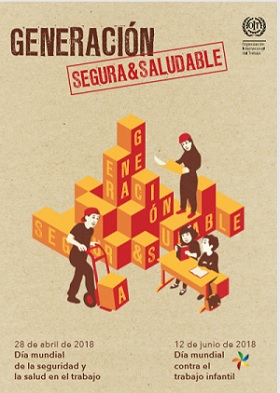 cartel por este día obreros con casco y carretilla y niños en la escuela, generación segura y saludable