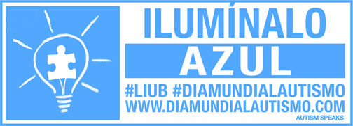 bombilla con una pieza de puzzle dentro y todo en color azul. Ilumínalo azul #liub #diamundialautismo y web sobre día mundial del autismo