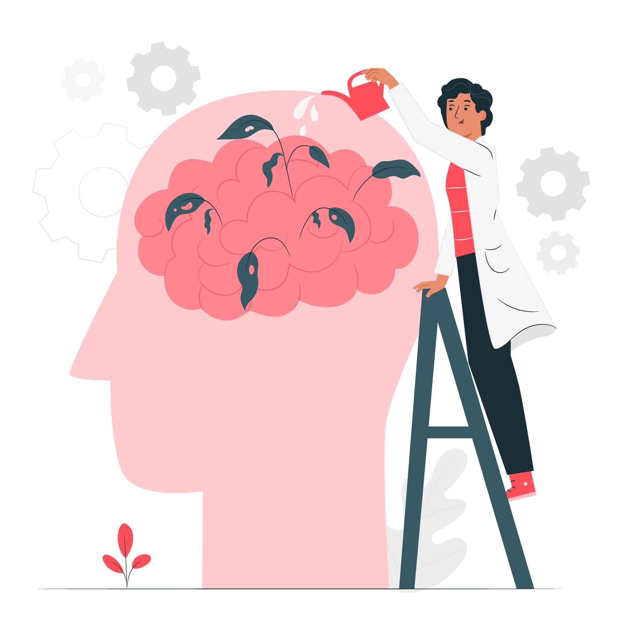 Dibujo de un cerebro con plantas creciendo, a su lado aparece una persona regando el cerebro