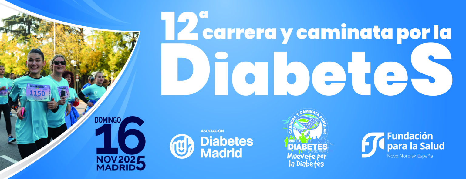 cartel de la diabetes donde aparece el titulo, asociaciones participantes y un grupo de corredores.