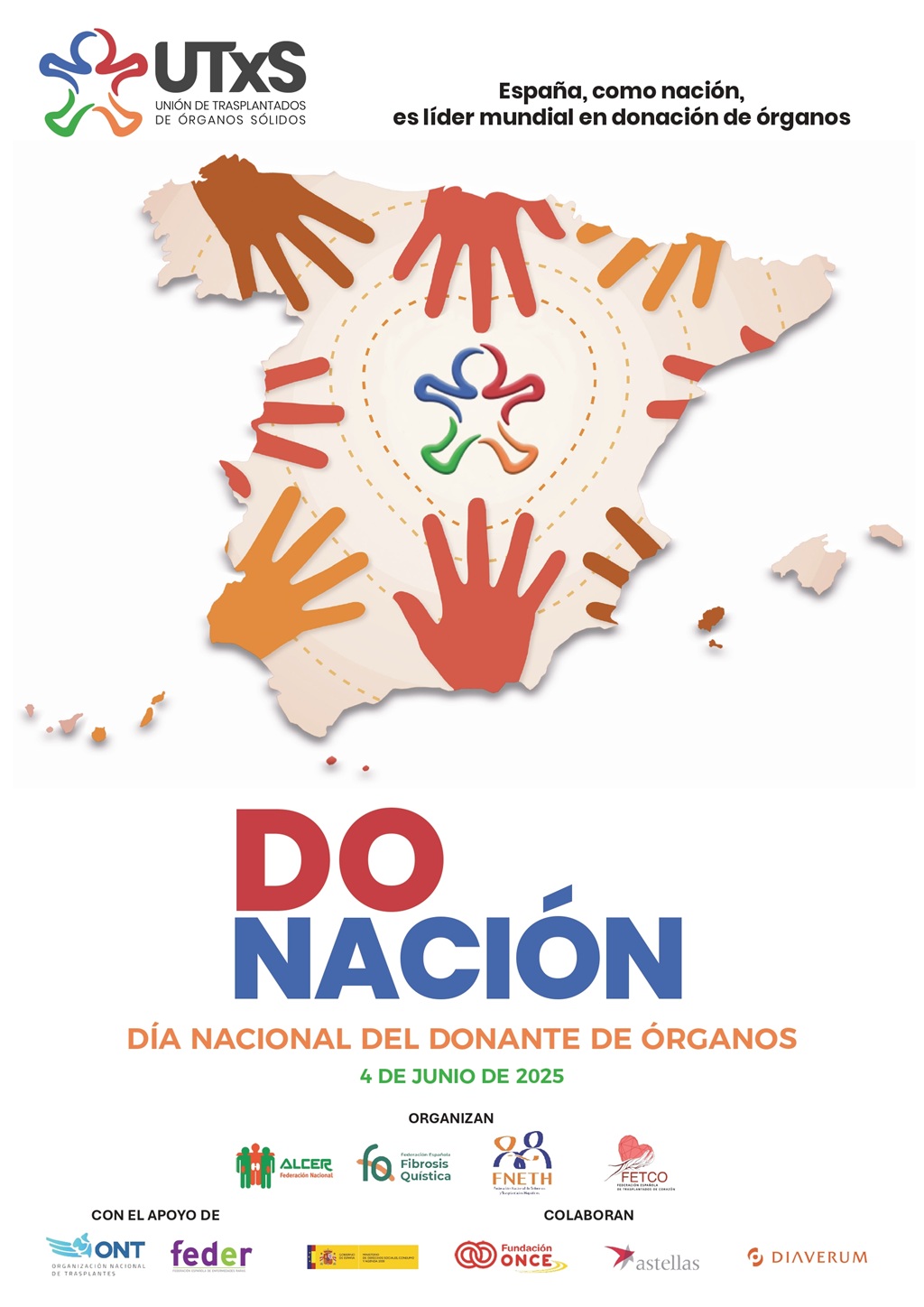 cartel de la UTxS con el lema, una breve información y un mapa de españa con manos solidarias
