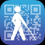 Siluettaa de persona con bastón  de ciego, en blanco. Fondo con un código QR, azul.