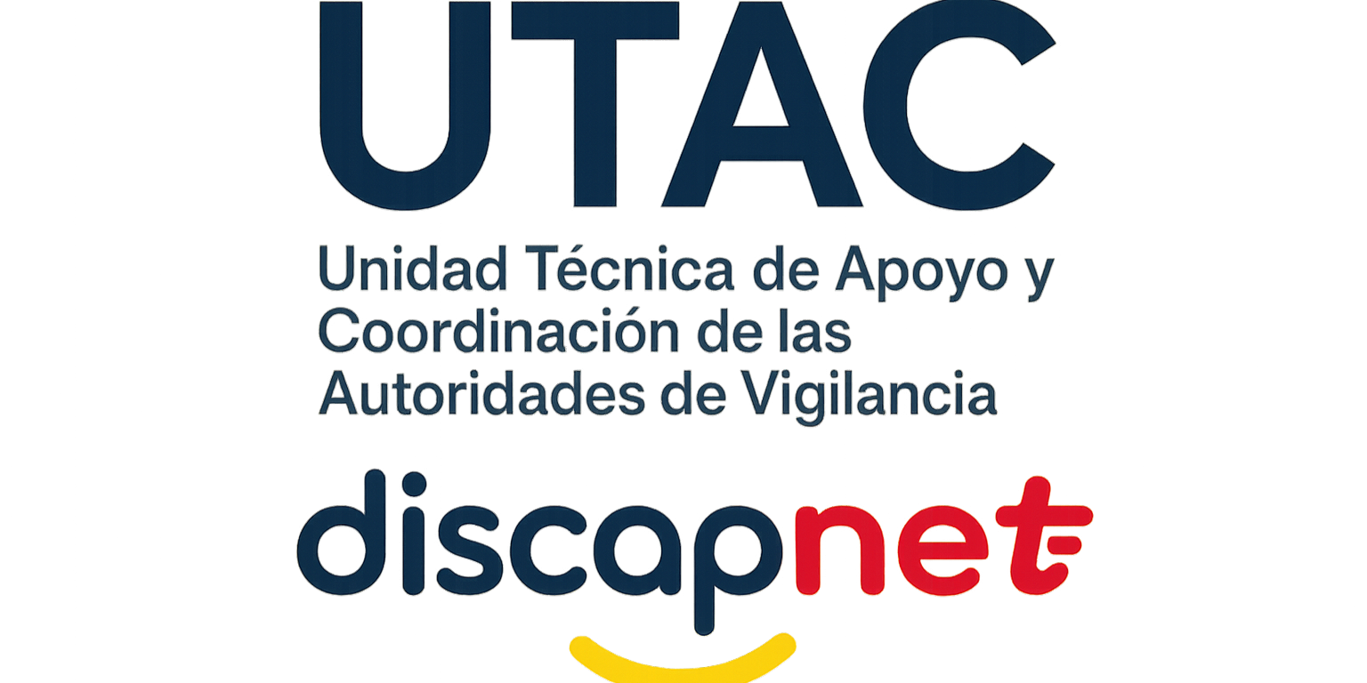 Imagen institucional con el acrónimo “UTAC” en grande y, debajo, el texto “Unidad Técnica de Apoyo y Coordinación de las Autoridades de Vigilancia”, sobre un fondo con degradado de color. En la parte inferior aparece el logotipo de Discapnet.
