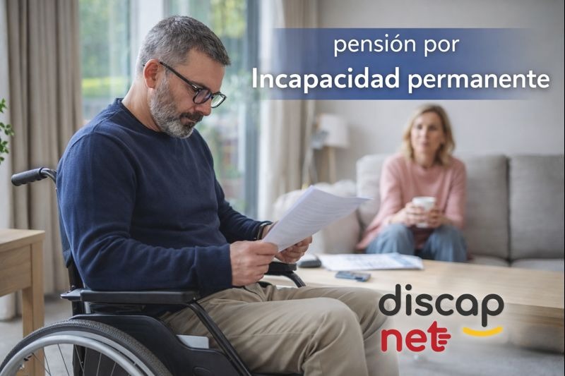 Un hombre en silla de ruedas al frente de la imagen y su mujer en el sofá al fondo, el mientras está leyendo unos papeles sobre su pensión. Salen el logo de Discapnet abajo a la derecha y el título de la página que estamos leyendo