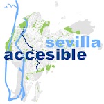"Sevilla accesible" puesto encima deel mapa de sevila, en blanco, azul, y verde. Fondo blanco.