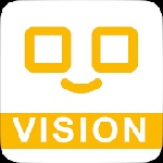2 cuadrado simulando los ojos, debajo una curba hacia arribaa, comomo nariz, La bboca es un rectangulo con la palabra "Vision" dentro.