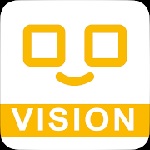 2 cuadrado simulando los ojos, debajo una curba hacia arribaa, comomo nariz, La bboca es un rectangulo con la palabra "Vision" dentro.