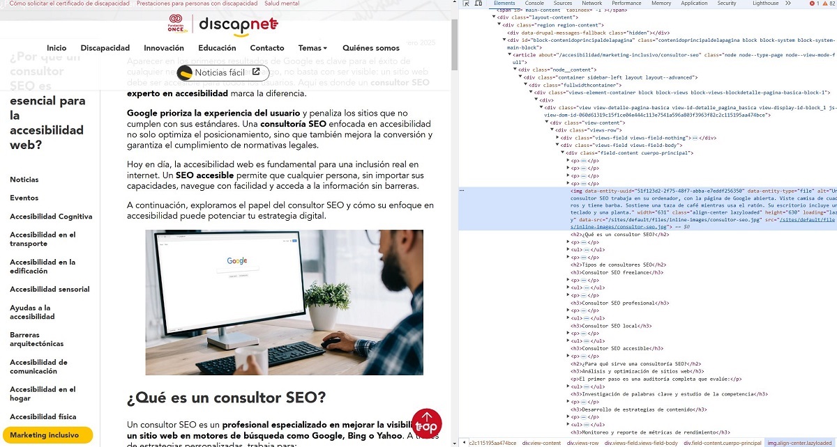 Captura de pantalla que muestra el código fuente a la derecha, donde se observa la etiqueta "Alt text" con la descripción de la imagen de un artículo.