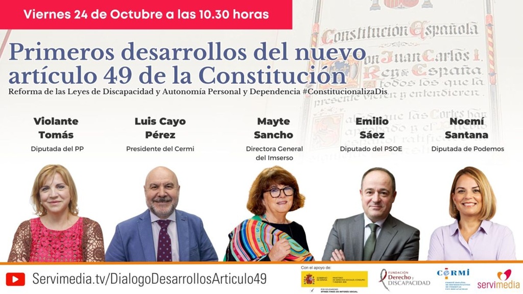 Cartel del diálogo de servimedia con la fecha arriba a la izquierda, y en el centro los 5 ponentes ya nombrados en el texto, en el fondo están los logos de las entidades organizadoras y el enlace a youtube del directo