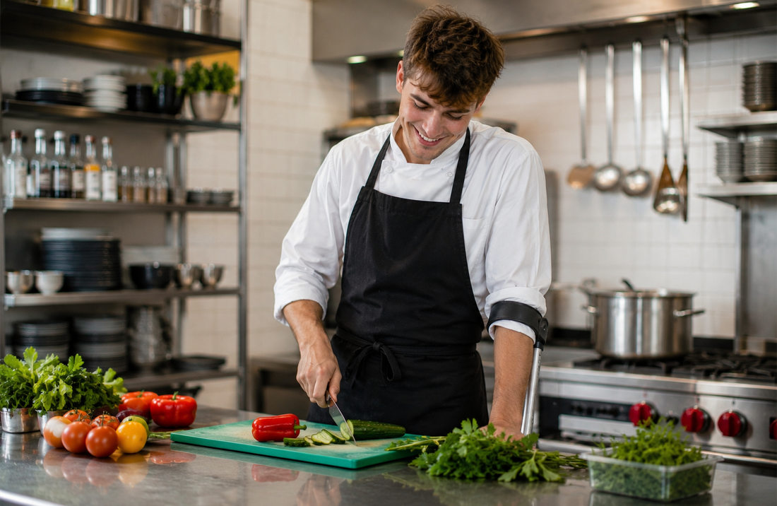Un chico cortando hortalizas en una cocina elegante y arreglada