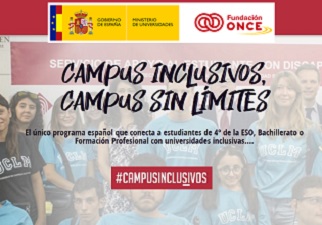 Banner de los Campus inclusivos, Campus sin límites, con estudiantes de fondo