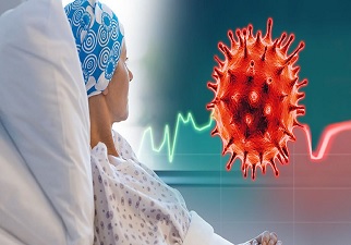 Una persona enferma de cáncer junto a un dibujo de una célula cancerígena