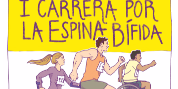 titulo "I carrera por la espina bífida" y debajo un corredor sin discapacidad, otra corredora sin discapacidad y otro corredor en silla de ruedas