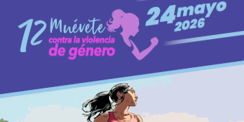 Cartel promocional de una carrera solidaria contra la violencia de género. En la parte superior, con fondo morado, aparece el texto “12 Muévete contra la violencia de género” junto a la silueta de una persona corriendo. A la derecha se indica la fecha “24 mayo 2026”. En la parte inferior, con tonos claros, se ve la ilustración de una persona corriendo hacia la derecha. El diseño utiliza colores contrastados como morado, azul y rosa, asociados a la sensibilización sobre la violencia de género.