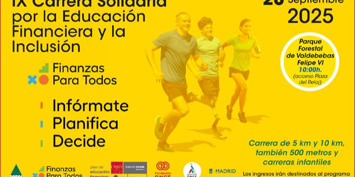 ix carrera solidaria por la educacion financiera y la inclusion, con la fecha, ubicacion y hora del evento en letras negras sobre fondo amarillo. Tambien salen los logos