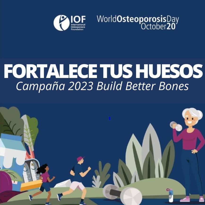 cartel con lema del dia mundial de la osteoporosis 2023 en el que aparecen personas haciendo deporte