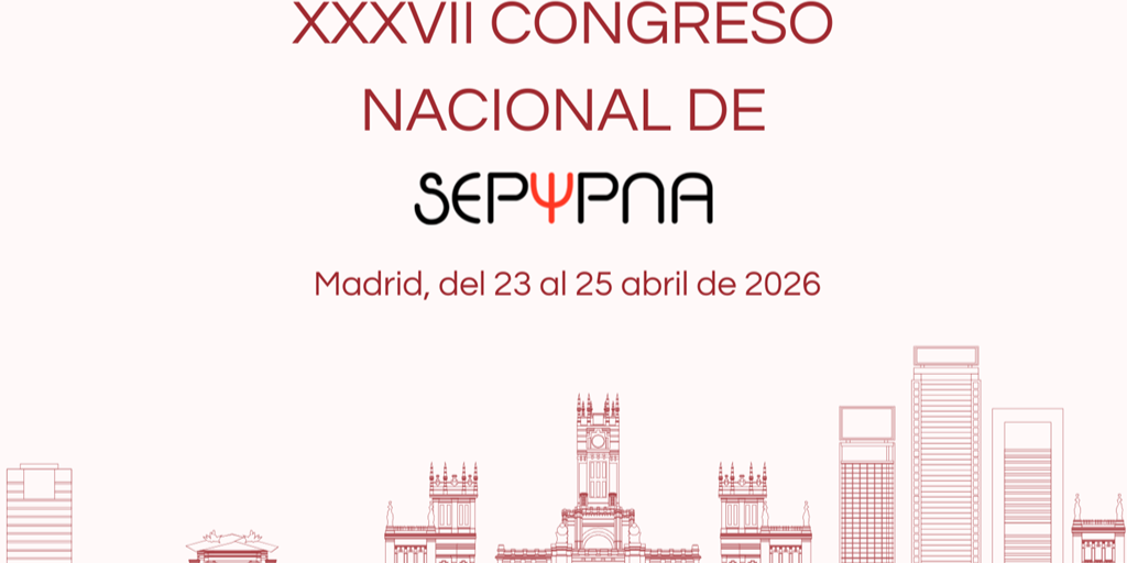 cartel del congreso con el titulo, la fecha y debajo un dibujo de edificios de madrid. El fondo es rosa muy claro y las letras rosa oscuro y negras