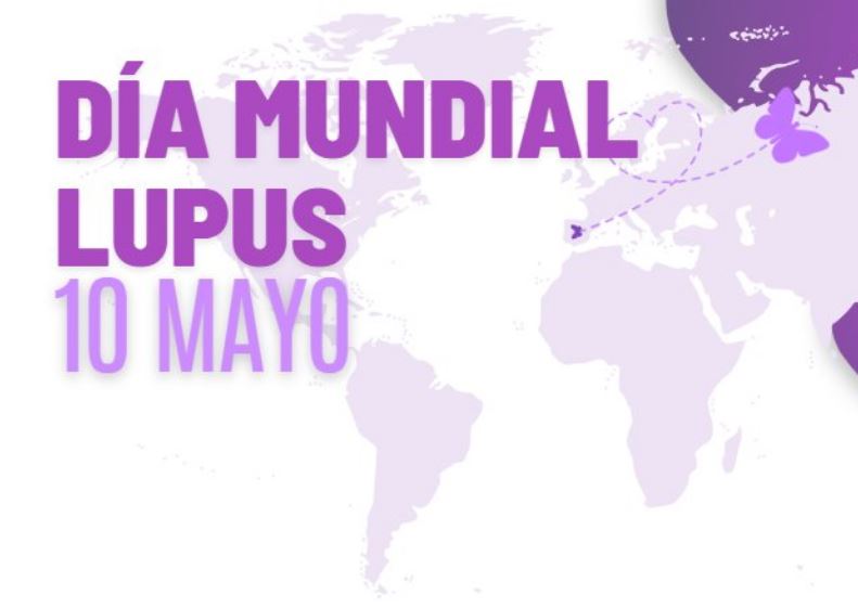 aparece el titulo del dia mundial de lupus y en el fondo de la imagen el mapa del mundo con una mariposa
