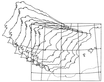 Traslación y giro de la Península desde el mesozoico. Fuente: Choukroune y otros, 1973. Modificado