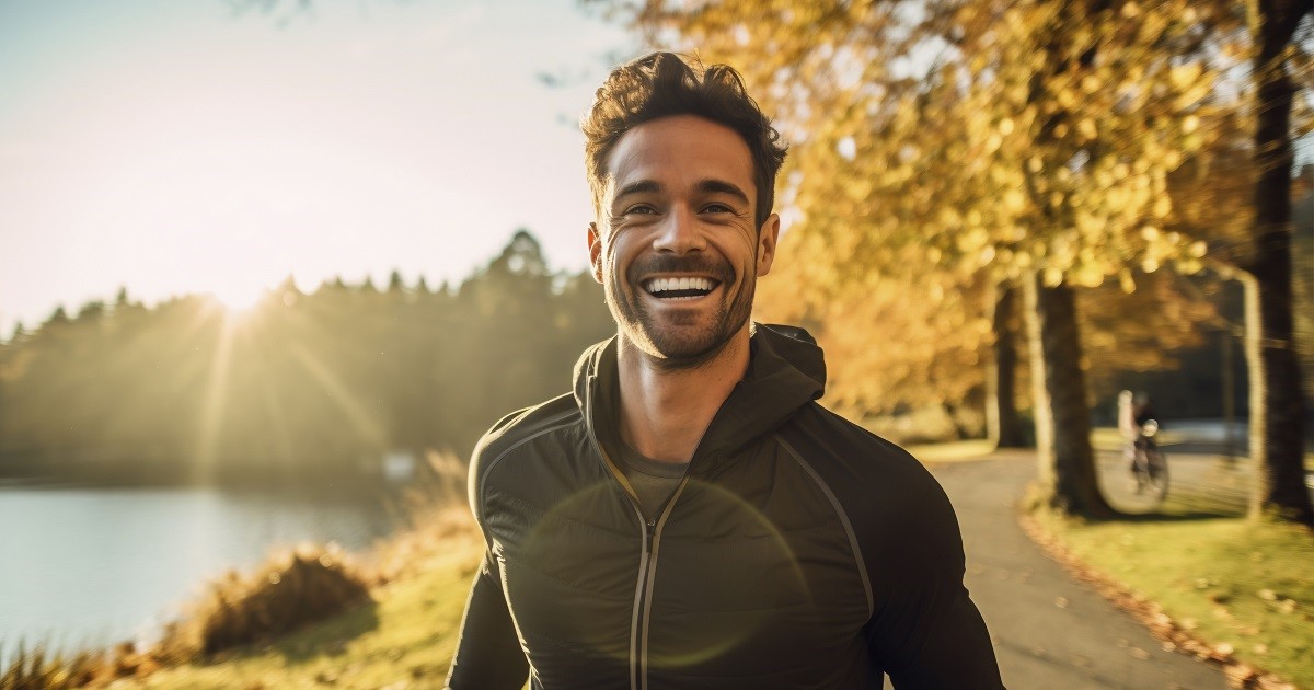 hombre corriendo con una sonrisa porque cuida su cuerpo.