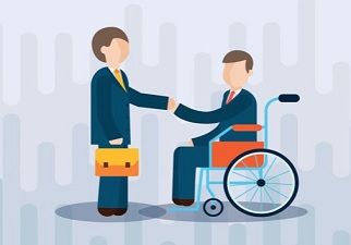 Dibujo de una persona en silla de ruedas saludando a otra en una empresa (Fuente: Corresponsables)