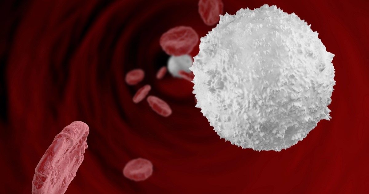 Imagen 3D de linfocitos altos en la sangre, destacando un glóbulo blanco aumentado en tamaño entre glóbulos rojos sobre un fondo rojizo.