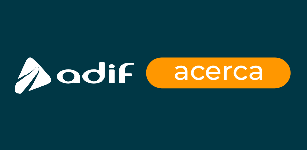 Logo de Adif Acerca con un fondo azul oscuro y letras blancas y naranjas