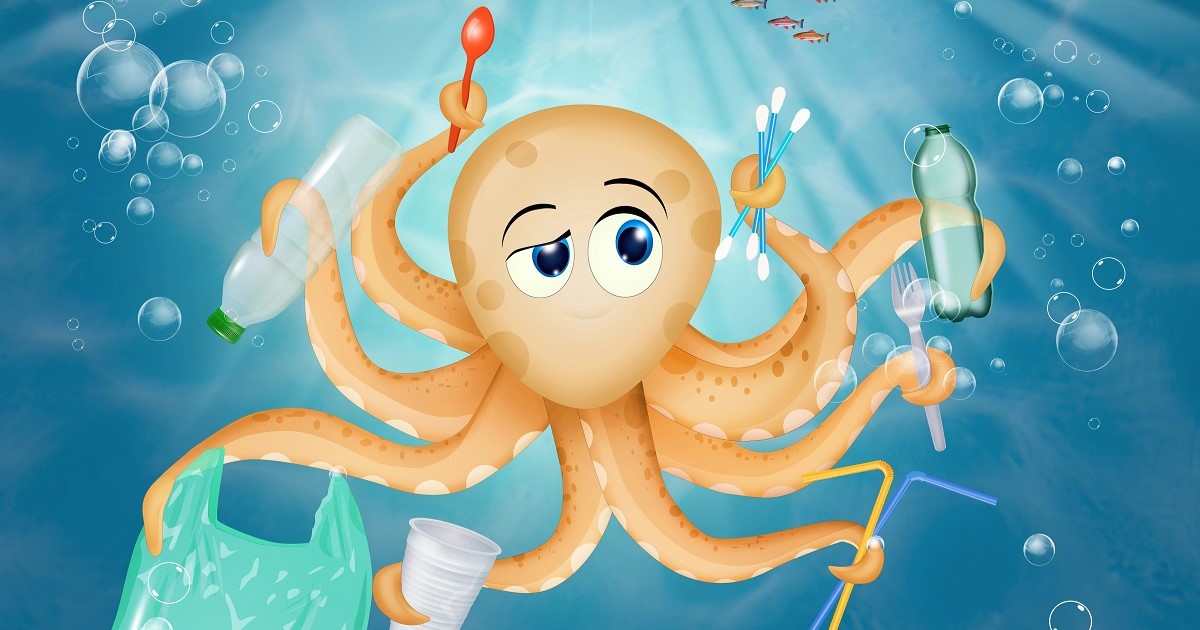 pulpo que con sus tentáculos atrapa plásticos como: botellas, pajitas, bolsas, vasos y cucharas. Origen de los microplásticos en la comida.