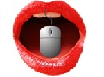 Producto de apoyo de MoviVoz. Boca abierta, con llos llabios pintado de rojo. Entre los  labios hay un ratón.