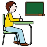 Pictograma para la guía de lectura fácil de un joven escribiendo en su pupitre de clase
