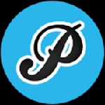 La leetra "P" en negro, dentro de un circulo azul. Fondo negro.