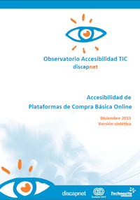 Portada con el símbolo del ojo del Observatorio de Accesibilidad de Plataformas de Compra Básica Online y los logotipos de Discapnet, Fundación ONCE y Technosite como fondo