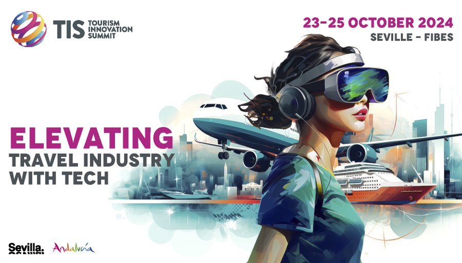 cartel del Sevilla Tourism Innovation Summit, con las fechas y la dirección, así como un deibujo de una mujer con unas gafas de realidad virtual al lado de un barco y un avión