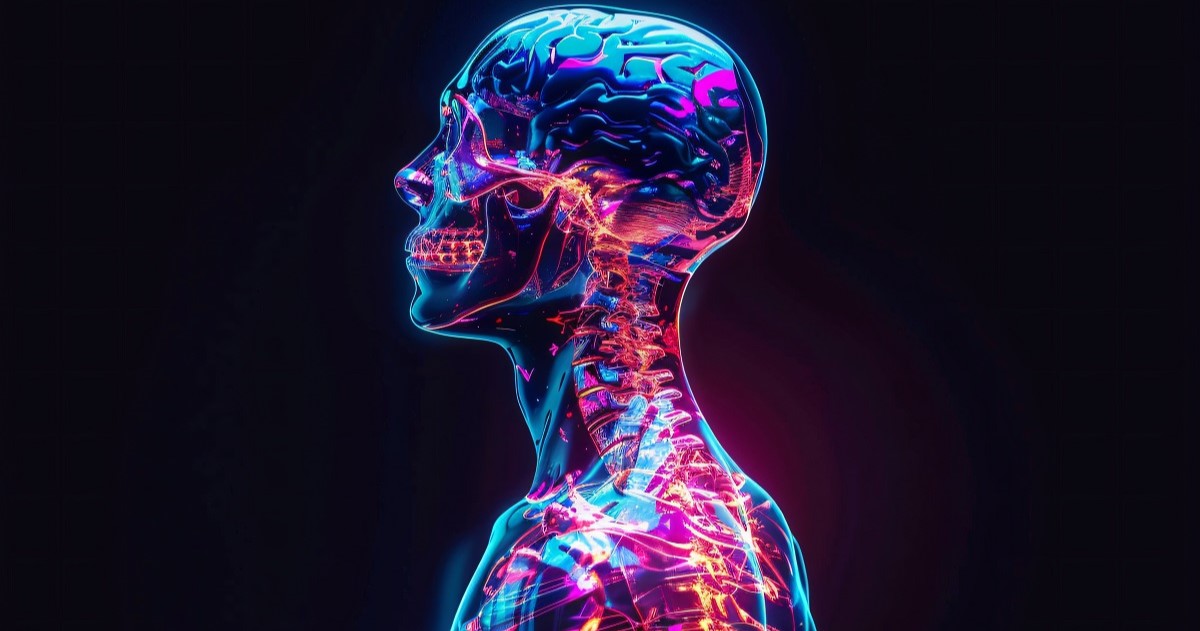 El cuerpo humano azul transparente más hermoso que muestra el sistema óseo y la columna vertebral con un cuerpo humano rojo de rayos X, de color neón. Representa las infecciones del sistema nervioso